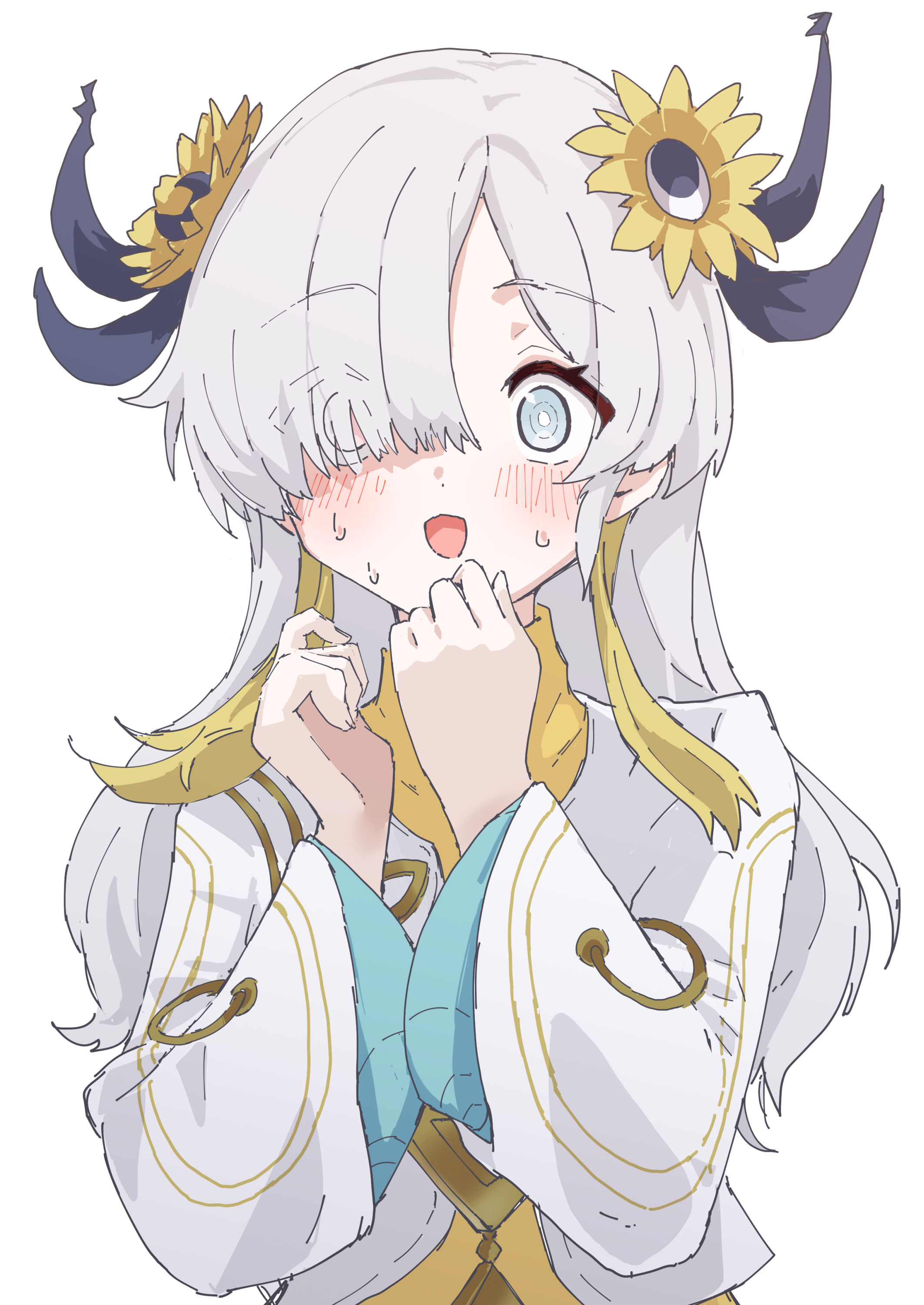 1girl absurdres blush flower grey_eyes grey_hair hair_flower hair_ornament hair_over_one_eye hands_up highres isekaijoucho kamitsubaki_studio long_hair long_sleeves open_mouth simple_background solo speech_bubble sunflower sunflower_hair_ornament textless_version translation_request upper_body virtual_youtuber white_background yucblossom