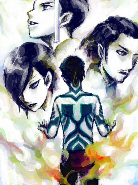 1girl 3boys aokoi_(nishiho) beard_stubble black_hair body_markings demi-fiend facial_hair from_behind from_side full-body_tattoo futomimi_(megami_tensei) hair_over_one_eye hijiri_jyouji horns looking_down looking_up multiple_boys mustache_stubble shin_megami_tensei shin_megami_tensei_iii:_nocturne short_hair single_horn stubble takao_yuko tattoo tegaki topless_male