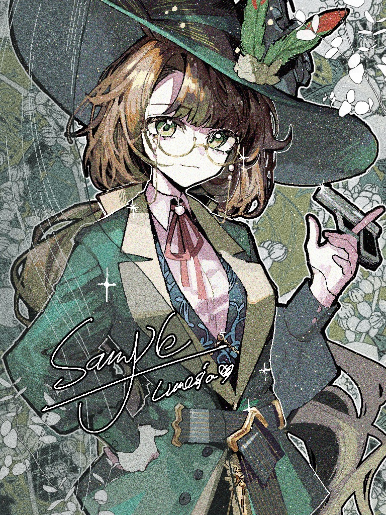 1girl brown_hair closed_mouth collared_shirt eyewear_strap feathers film_grain floral_background glasses gloves green_background green_eyes green_feathers green_hat green_jacket gun hand_on_own_hip hand_up hat hat_feather holding holding_gun holding_weapon jacket kakania_(reverse:1999) long_hair looking_at_viewer low_ponytail neck_ribbon picture_hat ponytail red_ribbon reverse:1999 ribbon round_eyewear sample_watermark shirt smile solo spinning_gun spinning_weapon upper_body very_long_hair watermark weapon white_gloves white_shirt yuzu_(parasitic_910)