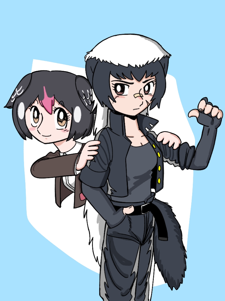 2girls badger_ears badger_tail bandaid bandaid_on_face bandaid_on_nose belt black_belt black_hair black_jacket black_pants black_tank_top blush brown_eyes brown_jacket facial_scar fingerless_gloves gloves greater_honeyguide_(kemono_friends) hand_on_another&#039;s_shoulder jacket kemono_friends looking_at_another multicolored_hair multiple_girls osakana_pix pants parody ratel_(kemono_friends) scar scar_on_cheek scar_on_face shirt simple_background smile style_parody style_request tank_top two-tone_hair white_hair white_shirt