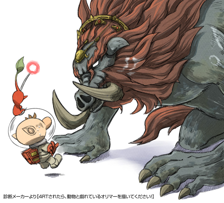 1boy backpack bag big_nose brown_hair circlet claws colored_skin commentary_request creature_on_head full_body ganon gloves helmet jumping leaf long_hair male_focus monster naru_(wish_field) nervous_sweating nintendo olimar pikmin_(creature) pikmin_(series) pointy_ears pointy_nose radio_antenna red_bag red_gloves red_hair red_pikmin red_skin scared shadow short_hair simple_background size_difference snout space_helmet spacesuit super_smash_bros. sweat the_legend_of_zelda thick_eyebrows translation_request tusks very_short_hair white_background