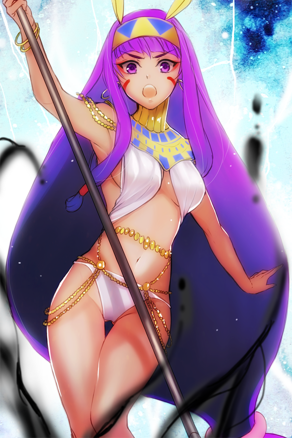 1girl :o ancient_egyptian_clothes angry animal_ears bare_arms bare_legs bikini blue_background blunt_bangs bracelet cowboy_shot dark-skinned_female dark_skin earrings facial_mark fate/grand_order fate_(series) hairband holding holding_staff hoop_earrings jackal_ears jewelry jun_(ash) long_hair looking_at_viewer low-tied_long_hair navel nitocris_(fate) open_mouth purple_eyes purple_hair solo staff swimsuit thigh_gap usekh_collar white_bikini