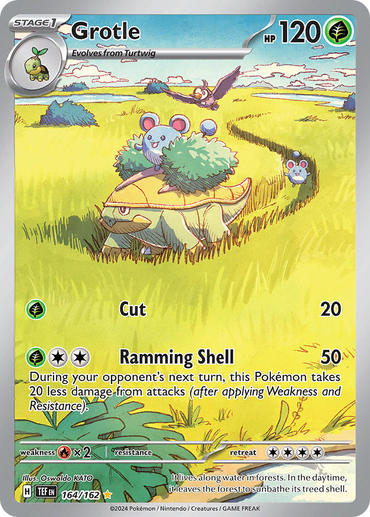animal_focus artist_name bird blue_sky bush card_(medium) character_name closed_mouth cloud company_name copyright_name copyright_notice day english_text fern flying gen_2_pokemon gen_4_pokemon grass grotle katou_oswaldo marill nintendo no_humans official_art open_mouth outdoors pokemon pokemon_(creature) pokemon_card pokemon_focus pokemon_tcg sky smile starly third-party_source trading_card turtwig water