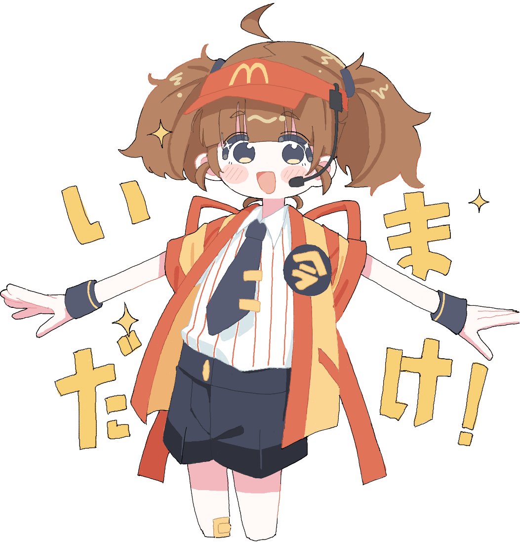 1girl black_necktie black_shorts blush brown_hair collared_shirt cropped_legs gauze gauze_on_leg hashtag-only_commentary hat headset imadake_dabuchi_tabemi looking_at_viewer mcdonald&#039;s necktie open_mouth outstretched_arms red_hat shigure_(hggk2544) shirt shorts simple_background solo sparkle striped_clothes striped_shirt twintails visor_cap white_background yellow_happi