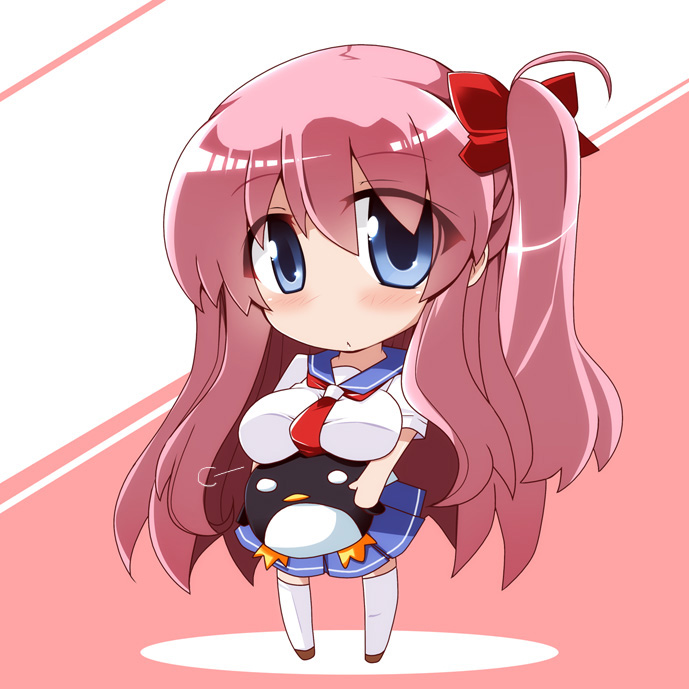 1girl bird blue_eyes blush bow breast_rest breasts chibi etopen female_focus haramura_nodoka large_breasts long_hair penguin pink_hair ribbon saki_(manga) school_uniform serafuku shirogane_(platinum) solo stuffed_animal stuffed_toy thighhighs twintails