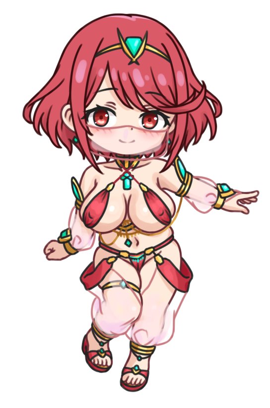 1girl arabian_clothes blush chibi closed_mouth core_crystal_(xenoblade) covered_erect_nipples feichu_keju full_body harem_pants looking_at_viewer making-of_available mouth_veil pants pyra_(xenoblade) red_eyes red_hair see-through_clothes see-through_pants see-through_veil short_hair simple_background smile solo tiara veil white_background xenoblade_chronicles_(series) xenoblade_chronicles_2
