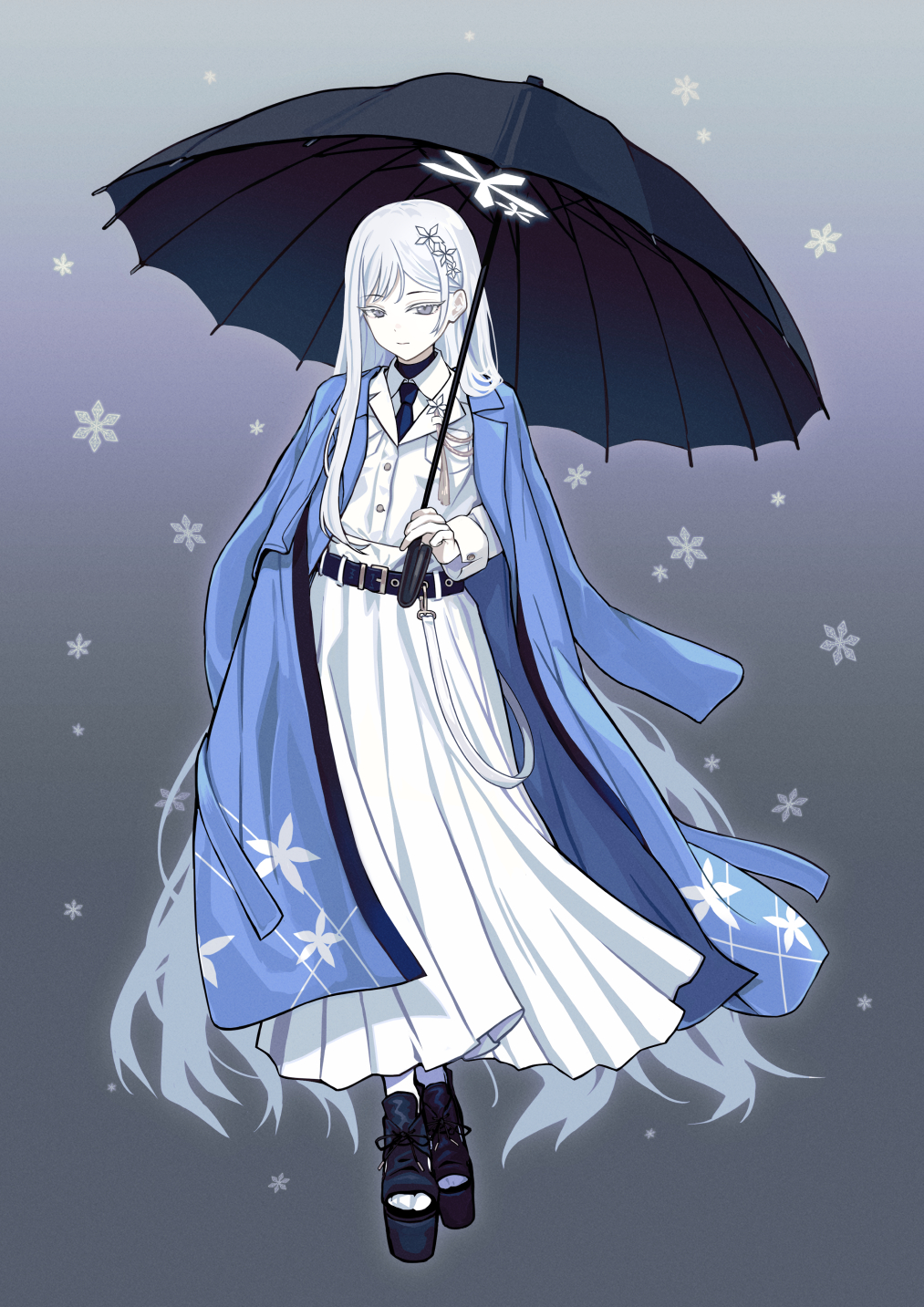 1girl absurdly_long_hair adapted_costume belt black_belt black_shoes black_umbrella blue_archive blue_haori blue_necktie buttons closed_mouth collared_shirt colored_eyelashes commentary deca_purio full_body grey_background grey_eyes hair_over_shoulder hand_up haori haori_on_shoulders highres holding holding_umbrella jacket japanese_clothes long_hair long_skirt long_sleeves looking_at_viewer nagusa_(blue_archive) necktie parted_bangs pleated_skirt shirt shoes simple_background skirt snowflakes solo standing straight_hair tsurime umbrella under_umbrella very_long_hair white_eyelashes white_hair white_jacket white_shirt white_skirt