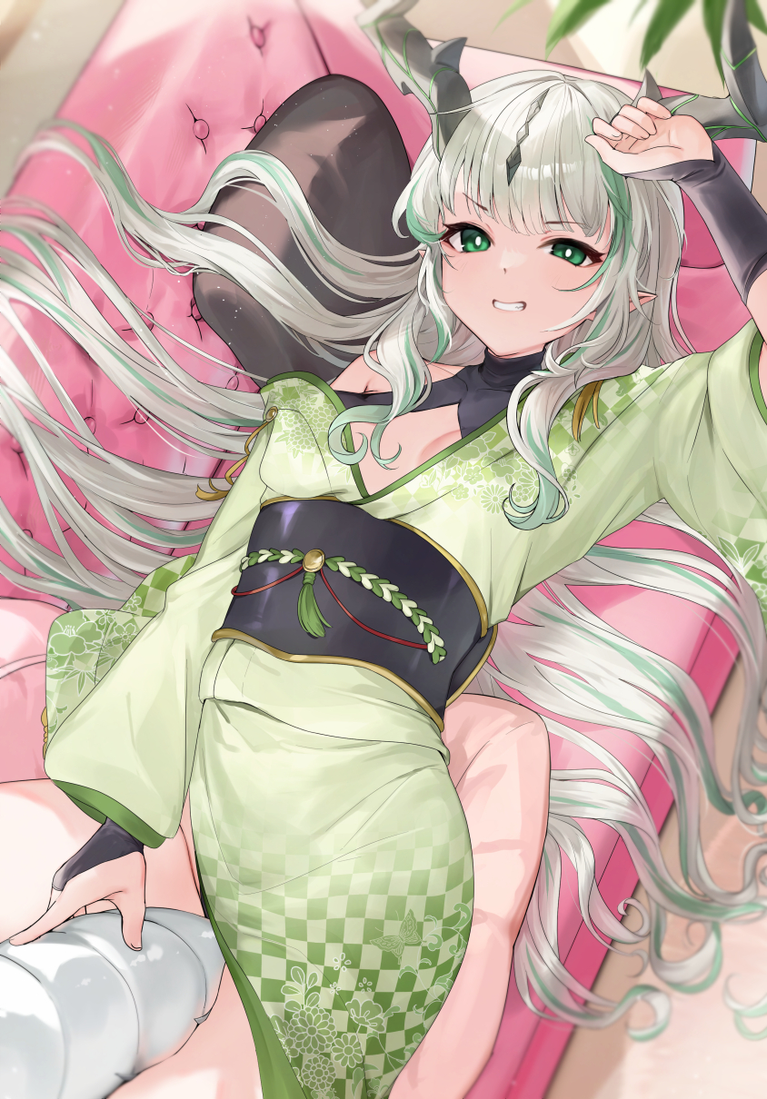 1girl breasts bright_pupils character_request commission green_eyes green_kimono green_streaks grey_hair grin haru_(nakajou-28) highres horns japanese_clothes kimono long_hair lying multicolored_hair pointy_ears smile solo teeth two-tone_hair very_long_hair white_pupils