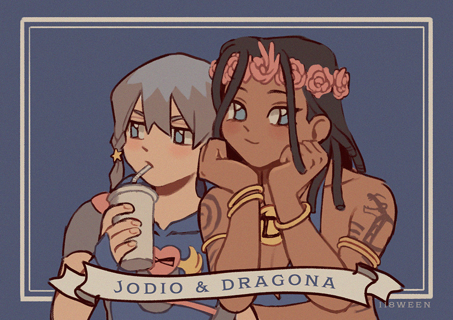 118ween 1boy 1girl arm_tattoo blue_bridal_gauntlets blue_eyes blue_hoodie bracelet braid brother_and_sister brown_hair character_name commentary cup dark-skinned_female dark_skin dragona_joestar dreadlocks drinking_straw drinking_straw_in_mouth english_commentary english_text family flower gold_bracelet grey_hair grey_sleeves hair_flower hair_ornament heart_ornament holding holding_cup hood hoodie jewelry jodio_joestar jojo_no_kimyou_na_bouken looking_at_viewer multicolored_hair siblings side_braid smile tattoo the_jojolands two-tone_hair