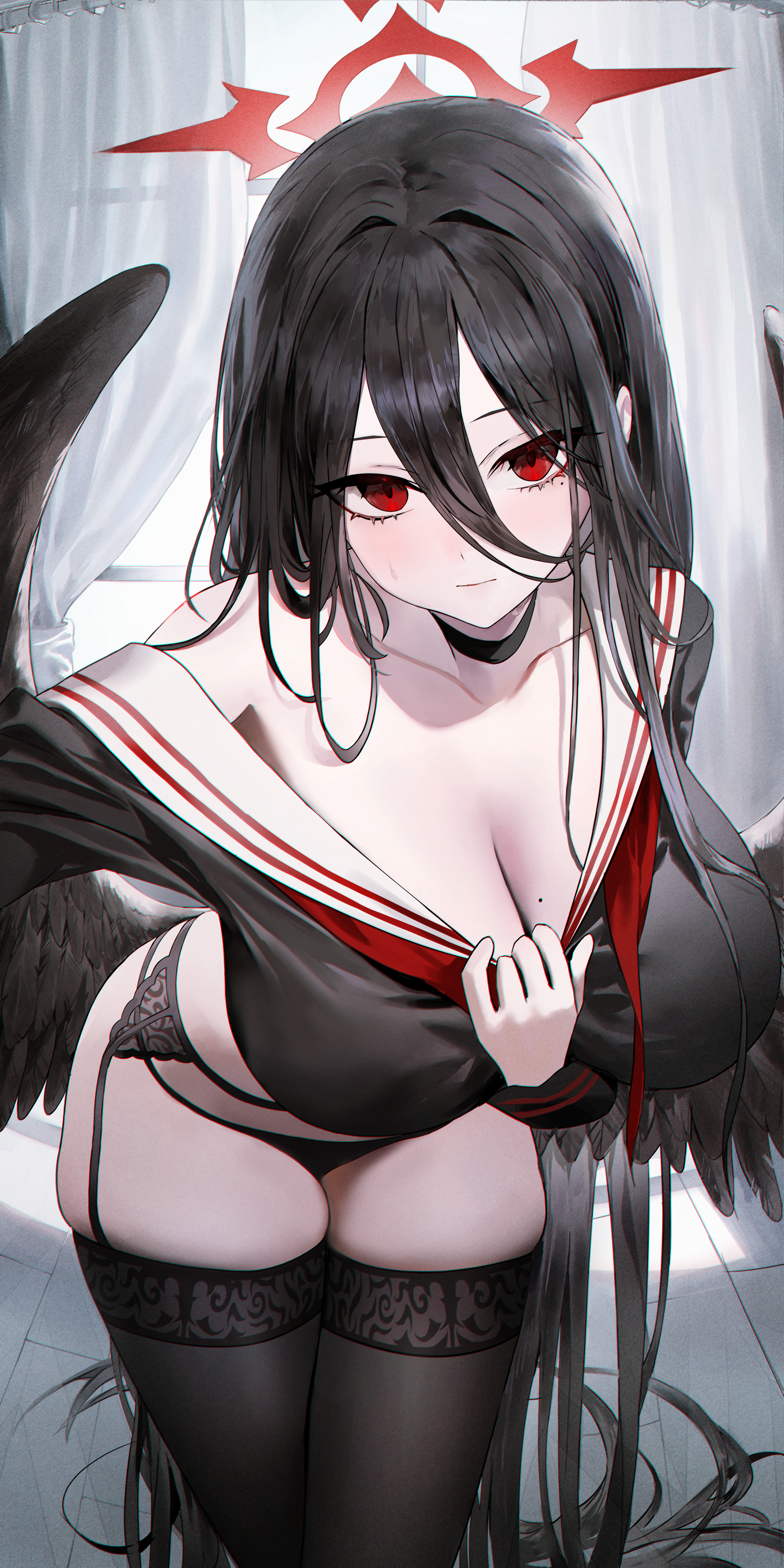 1girl absurdres black_choker black_hair black_wings blue_archive blush breasts choker garter_belt garter_straps hair_between_eyes halo hasumi_(blue_archive) highres huge_breasts kofii long_hair looking_at_viewer mole mole_under_eye red_eyes selfie shirt solo taking_picture very_long_hair wings