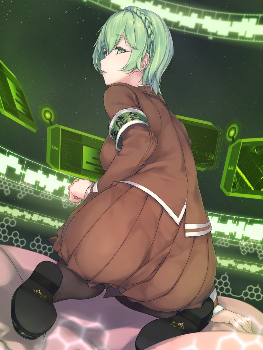 10s aoki_hagane_no_arpeggio arm_support armband ass black_legwear black_shoes braid brown_shirt brown_skirt crown_braid from_behind full_body green_eyes green_hair kneeling long_sleeves looking_at_viewer looking_back nachi_(aoki_hagane_no_arpeggio) parted_lips pleated_skirt rokuwata_tomoe school_uniform shirt shoes short_hair skirt solo