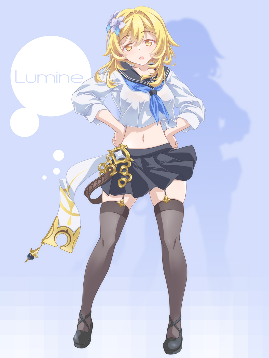 1girl black_sailor_collar black_shoes black_skirt blonde_hair blouse blue_background blue_neckerchief character_name commentary cropped_shirt flower full_body garter_straps genshin_impact grey_thighhighs hair_flower hair_ornament hands_on_own_hips highres kikuchi_tsutomu long_sleeves looking_at_viewer lumine_(genshin_impact) medium_hair midriff miniskirt navel neckerchief open_mouth pleated_skirt sailor_collar school_uniform serafuku shadow shirt shoes skirt smile solo standing thighhighs yellow_eyes