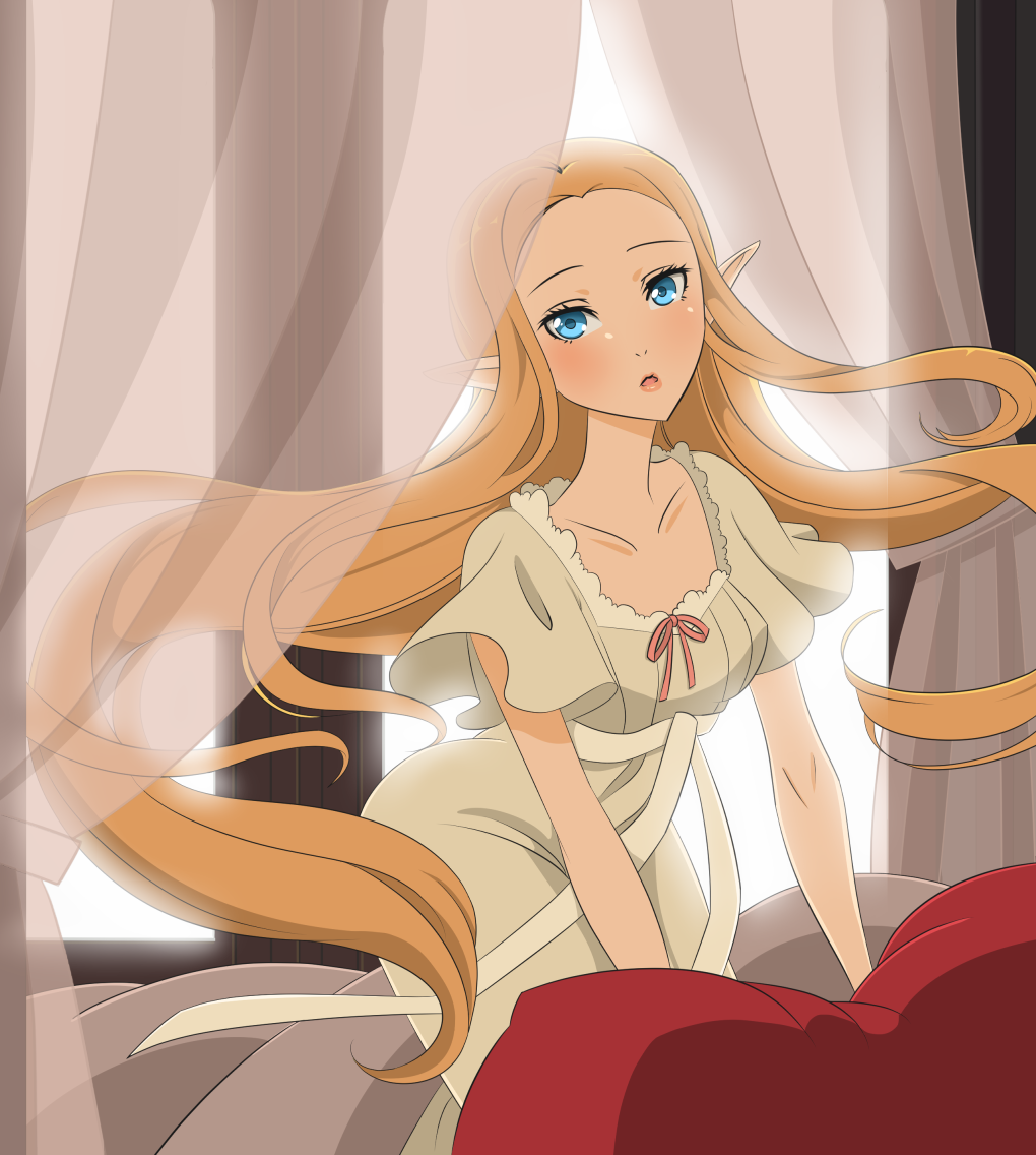 1girl arechan blonde_hair blue_eyes collarbone commentary dress english_commentary hyrule_warriors long_hair looking_at_viewer nightgown nintendo on_bed open_mouth pillow pointy_ears princess_zelda solo the_legend_of_zelda white_dress