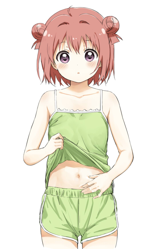1girl ahoge akaza_akari bare_shoulders blush breasts clothes_lift collarbone double_bun green_shirt green_shorts hair_bun lifting_own_clothes navel open_mouth purple_eyes red_hair shikou_sakugo_(qqap9gt9k) shirt shirt_lift short_hair shorts simple_background sleeveless small_breasts solo white_background yuruyuri