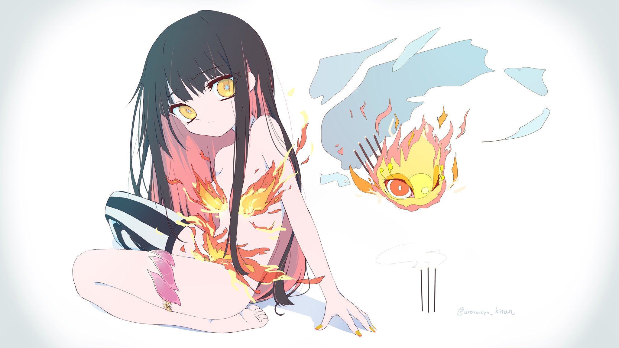 1girl anime_coloring barefoot black_hair breasts colored_inner_hair commentary_request creature expressionless fire fire_censor full_body highres long_hair looking_at_viewer multicolored_hair nomura_kitan nude original pink_hair single_thighhigh sitting small_breasts solo striped_clothes striped_thighhighs thigh_strap thighhighs two-tone_hair vertical-striped_clothes vertical-striped_thighhighs yellow_eyes yellow_nails