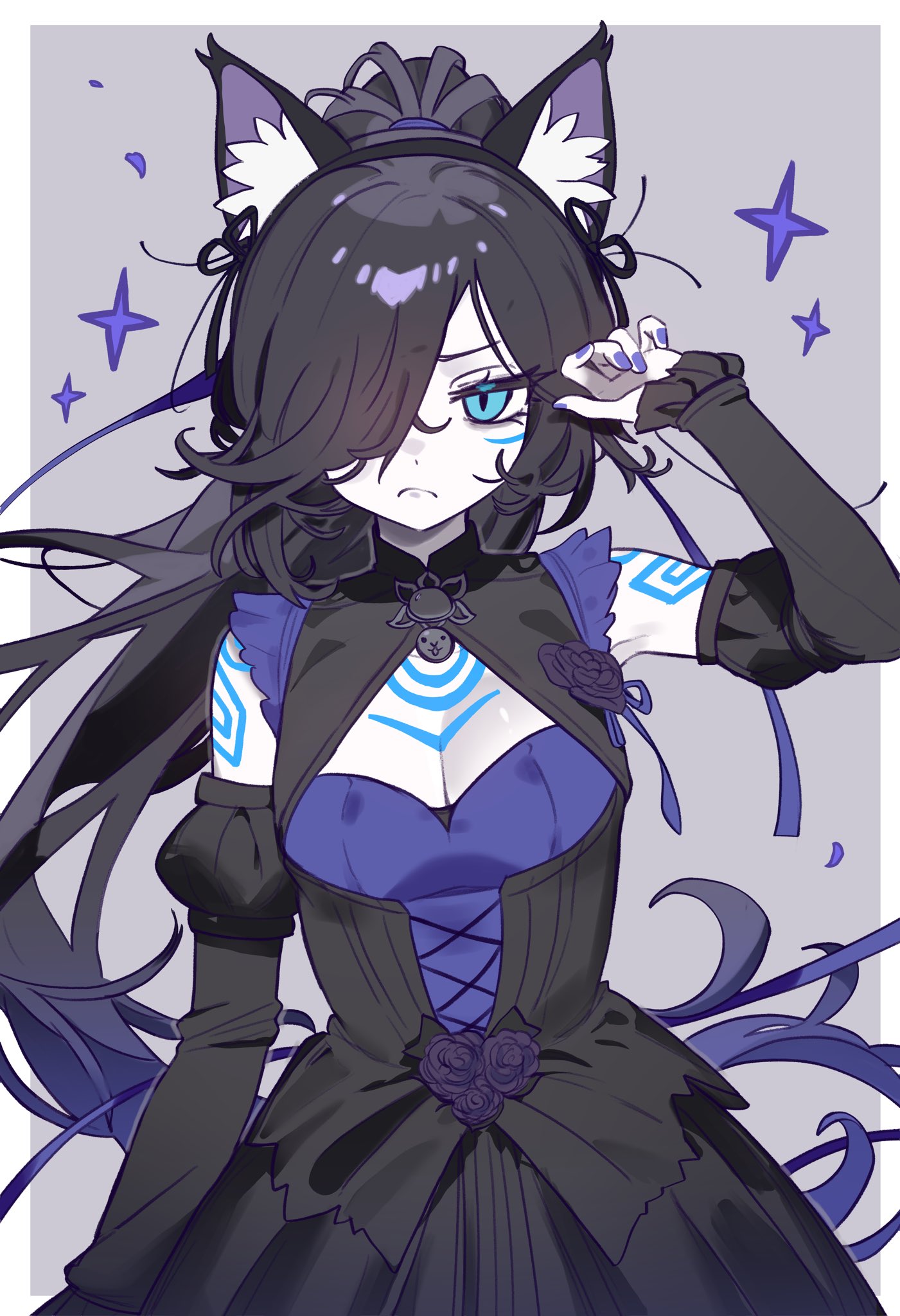 1girl alternate_costume animal_ear_fluff animal_ears armpits black_dress black_hair blue_dress blue_eyes blue_nails blush body_markings breasts cat_ears cleavage cleavage_cutout closed_mouth clothing_cutout corset dark_kasli_(nyanko_daisensou) detached_sleeves dress ebora flower frills grey_background hair_over_one_eye hair_tie hand_up highres light_frown long_hair looking_at_viewer markings nyanko_daisensou ponytail puffy_detached_sleeves puffy_sleeves purple_flower purple_rose purple_star rose simple_background solo star_(symbol) two-tone_dress very_long_hair white_background