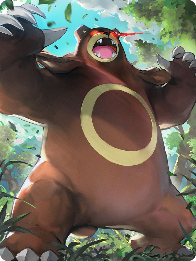 alpha_pokemon animal_focus artist_request blue_sky brown_fur claws gen_2_pokemon glowing glowing_eyes grass leaf nintendo no_humans official_art open_mouth pokemon pokemon_(creature) pokemon_focus pokemon_home pokemon_legends:_arceus red_eyes sharp_teeth sky solo standing teeth third-party_source tree ursaring