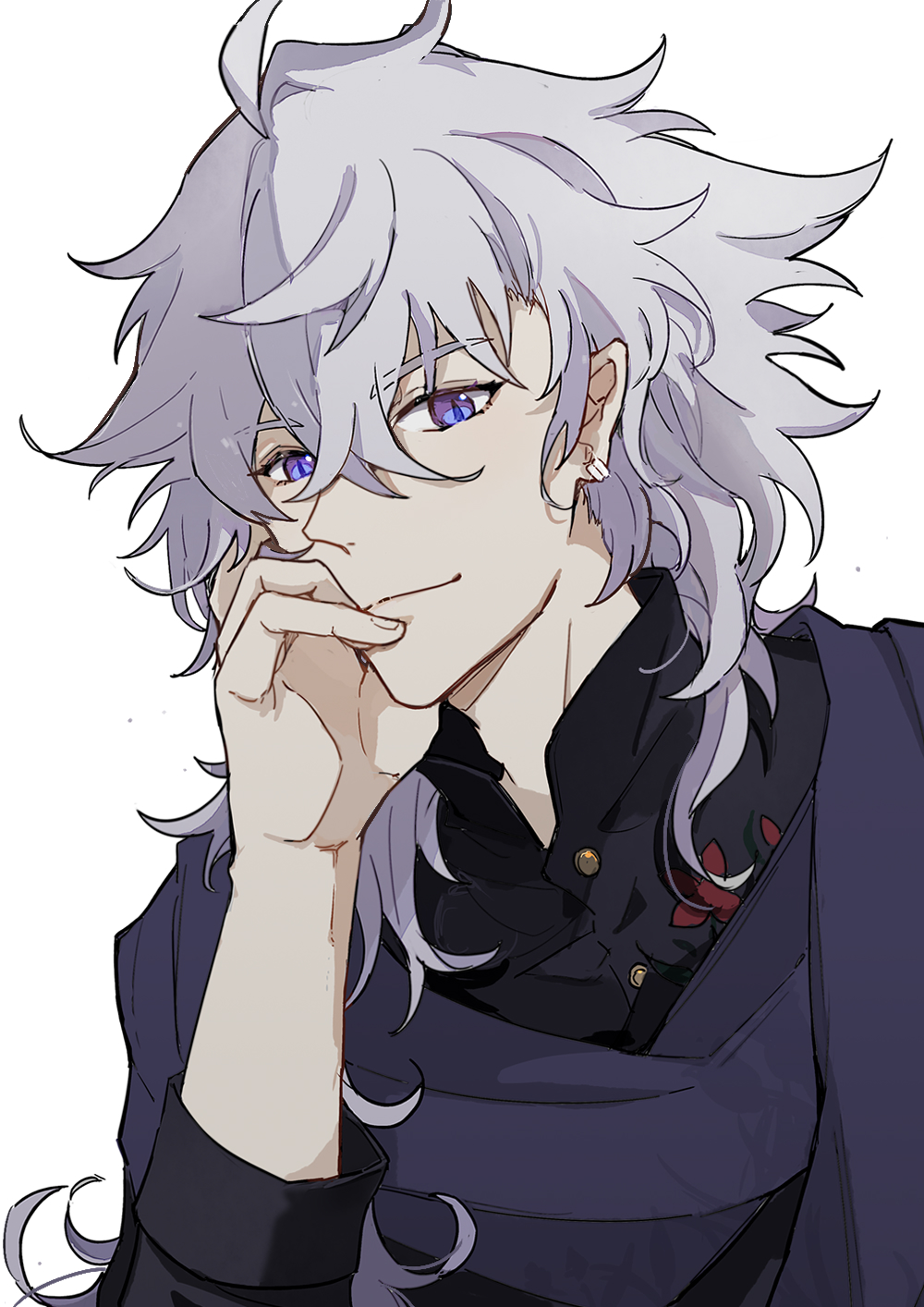 1boy black_shirt chinese_commentary closed_mouth commentary_request earrings fate/grand_order fate_(series) hair_between_eyes hair_over_shoulder hand_on_own_cheek hand_on_own_face highres jewelry long_hair long_sleeves looking_at_viewer male_focus merlin_(camelot_&amp;_co)_(fate) merlin_(fate) pointy_ears purple_eyes purple_hair purple_scarf ruoyin scarf shirt simple_background smile solo upper_body very_long_hair white_background