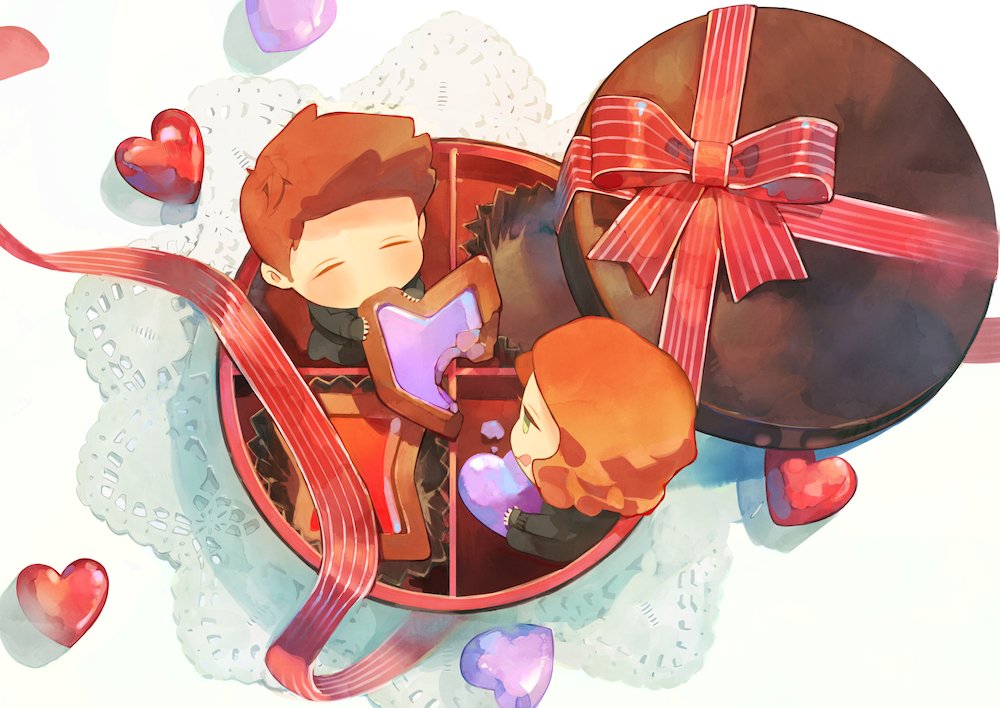 1boy 1girl animification avengers_(series) black_bodysuit black_pants black_shirt black_widow bodysuit bow box box_of_chocolates brown_hair candy chibi chocolate chocolate_heart clint_barton closed_eyes closed_mouth commentary eating food green_eyes half-closed_eyes hawkeye_(marvel) heart holding holding_food long_sleeves looking_at_another marvel marvel_cinematic_universe natasha_romanoff orange_hair pants red_bow roku0180 shirt short_hair simple_background sitting striped_bow superhero_costume symbol-only_commentary tongue tongue_out wavy_hair white_background
