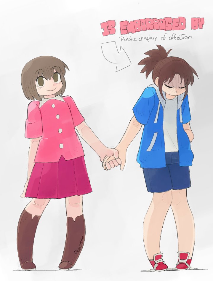 2girls ayumu_niikura blush brown_eyes brown_hair city_(arawi_keiichi) embarrassed english_text happy holding_hands multiple_girls nagumo_midori pepponeppo ponytail short_hair shorts skirt