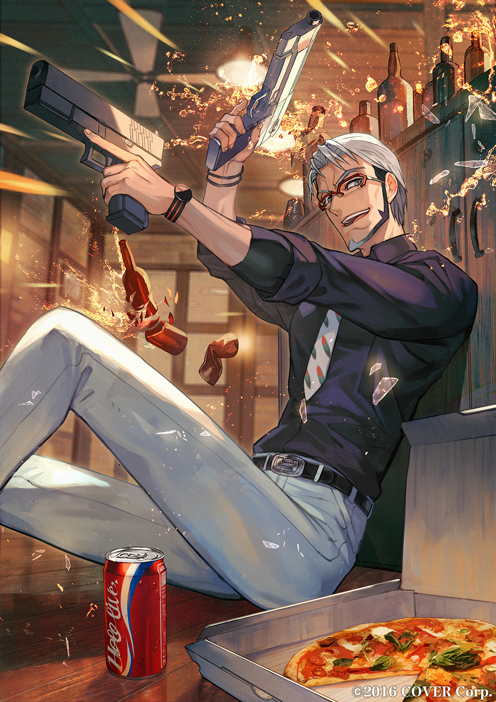 1boy :d arurandeisu beard behind_cover belt black_shirt bottle bracelet broken_bottle cabinet can collared_shirt copyright_notice dual_wielding facial_hair food glass_shards glasses grey_eyes grey_hair gun handgun hanging_light highres holding holostars jewelry lack male_focus margherita_pizza mature_male necktie official_art on_floor open_mouth pants pizza pizza_box print_necktie red-framed_eyewear shirt sideways_glance sitting sleeves_rolled_up smile solo teeth trigger_discipline upper_teeth_only virtual_youtuber watch weapon white_pants wooden_floor wristwatch