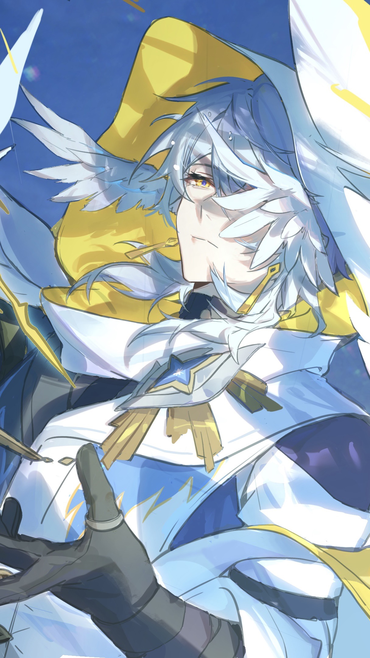1boy bishounen black_gloves blue_background closed_mouth coat color_contrast cropped daokouniao ear_wings earrings floating_earring gloves grey_hair hair_between_eyes half-closed_eyes highres honkai:_star_rail honkai_(series) hood hood_up jewelry male_focus medium_hair multicolored_coat one_eye_covered open_hand procreate_(medium) shadow solo sunday_(honkai:_star_rail) thumb_ring twintails two-sided_hood upper_body white_coat white_wings wind wings yellow_eyes yellow_hood