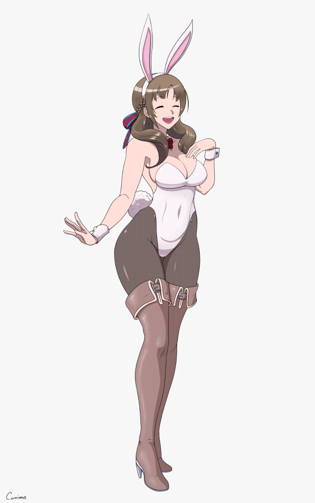 1girl animal_ears bare_shoulders black_pantyhose boots breasts brown_hair canime cleavage closed_eyes covered_navel fake_animal_ears female_focus full_body happy high_heel_boots high_heels large_breasts leotard long_hair mature_female oosuki_mamako open_mouth pantyhose playboy_bunny rabbit_ears simple_background smile solo standing teeth thigh_boots thighhighs tsuujou_kougeki_ga_zentai_kougeki_de_ni-kai_kougeki_no_okaasan_wa_suki_desu_ka? upper_teeth_only white_background wrist_cuffs