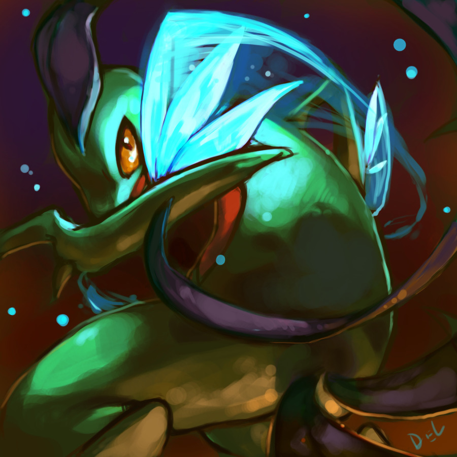 commission creature delano-laramie feet_out_of_frame gen_3_pokemon glowing grovyle nintendo no_humans pokemon pokemon_(creature) purple_background signature simple_background solo yellow_eyes