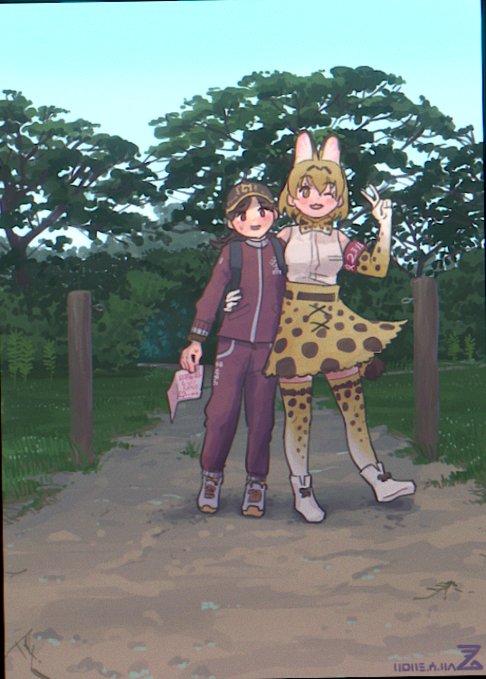 2girls animal_ears animal_print arm_around_waist armband bare_shoulders blonde_hair blush boots bow bowtie brown_hair cat_ears cat_girl cat_tail elbow_gloves extra_ears gloves hair_between_eyes high-waist_skirt imnim_leef jacket japari_symbol kemono_friends long_hair multiple_girls one_eye_closed original pants print_bow print_bowtie print_gloves print_skirt print_thighhighs red_jacket red_pants red_track_suit serval_(kemono_friends) shirt shoes short_hair sidelocks skirt sleeveless sneakers sweatdrop tail thighhighs track_jacket track_pants track_suit translation_request v white_footwear white_shirt zettai_ryouiki