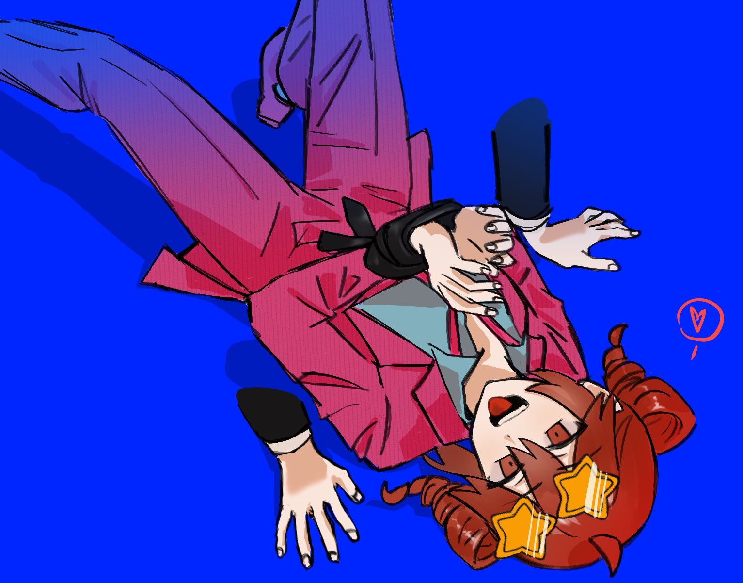 1girl ahoge blue_background blue_shirt bound bound_wrists collared_shirt commentary disembodied_hand drill_hair english_commentary eyewear_on_head foot_out_of_frame formal_clothes hands_up heart highres jacket kasane_teto lapels liar_dancer_(synthesizer_v) long_sleeves looking_at_viewer loose_necktie lying necktie on_back open_mouth pants pink_jacket pink_necktie pink_pants pink_suit red_eyes red_hair rskrkr shirt short_hair simple_background smile solo_focus spoken_heart star-shaped_eyewear star_(symbol) suit sunglasses tongue tongue_out twin_drills unbuttoned unbuttoned_shirt yukadon