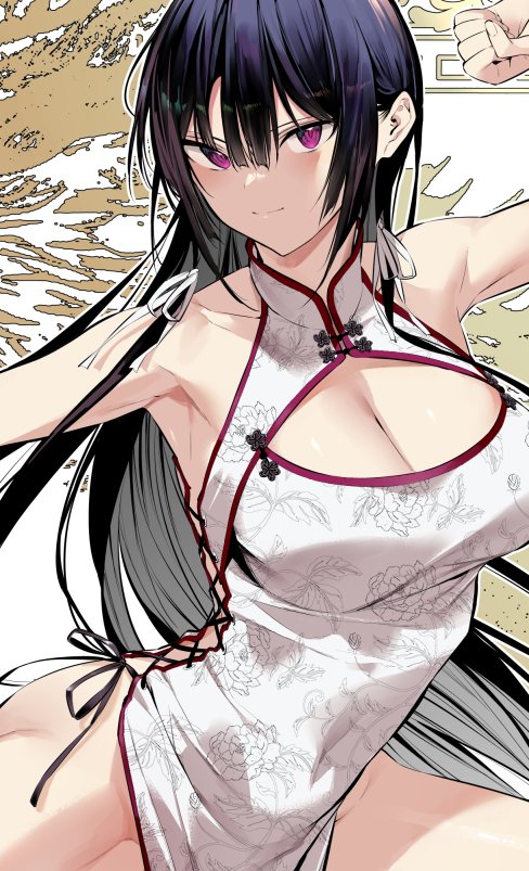 1girl black_hair breasts china_dress chinese_clothes cleavage cleavage_cutout clothing_cutout dress floral_print hair_ribbon haite_kudasai_takamine-san hiiragi_yuuichi large_breasts long_hair panties pelvic_curtain purple_eyes ribbon side-tie_dress side-tie_panties sleeveless sleeveless_dress solo takamine_takane underwear white_dress white_ribbon