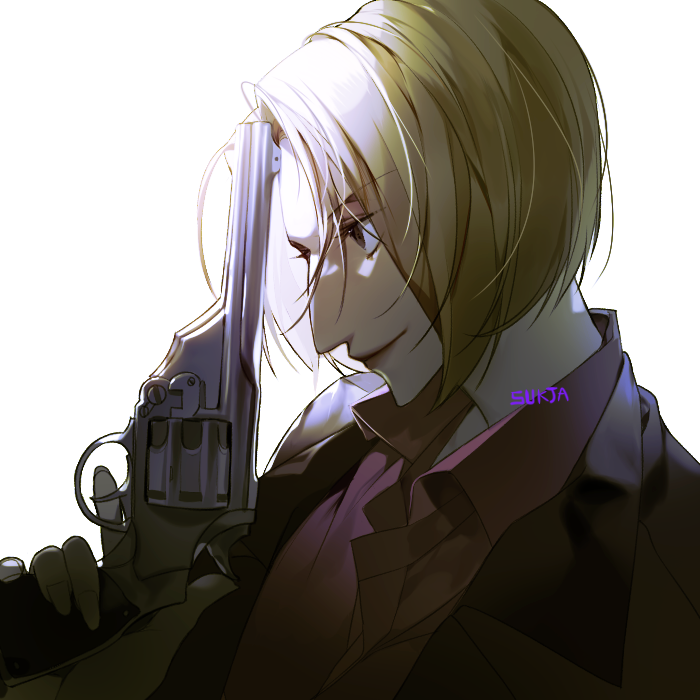 1girl aquiline_nose artist_name blonde_hair collared_shirt gun handgun holding holding_gun holding_weapon hunter_x_hunter jacket nose pakunoda profile revolver shirt short_hair signature smile solo sukja upper_body weapon