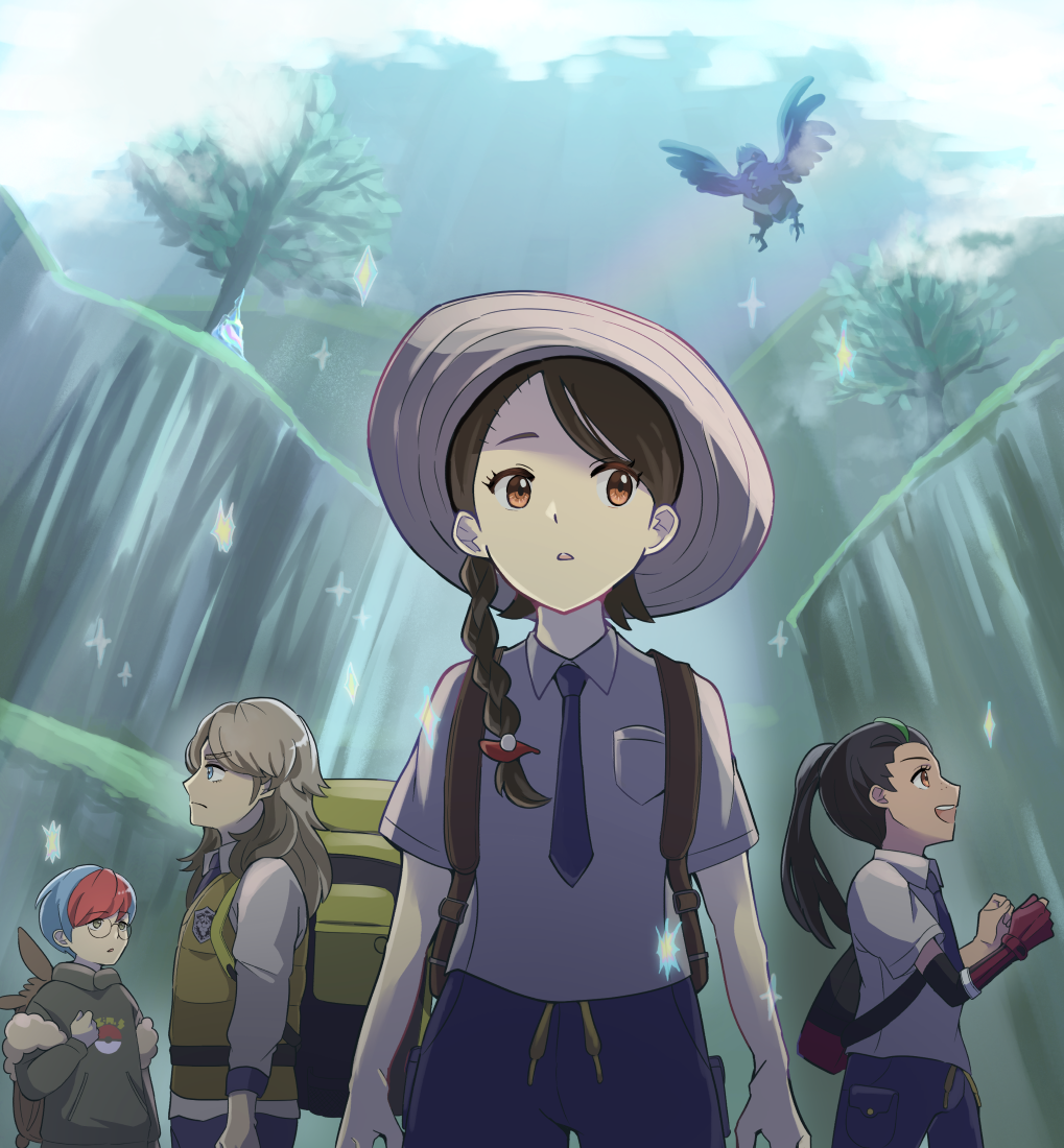1boy 3girls arven_(pokemon) backpack bag blue_hair braid breast_pocket brown_bag cliff commentary_request corviknight eri_(rcn_natural13) eyelashes gen_8_pokemon gloves hood hoodie juliana_(pokemon) multicolored_hair multiple_girls necktie nemona_(pokemon) nintendo parted_lips penny_(pokemon) pocket pokemon pokemon_(creature) pokemon_sv ponytail red_hair school_uniform shirt short_hair short_sleeves shorts single_glove tree two-tone_hair vest yellow_bag yellow_vest