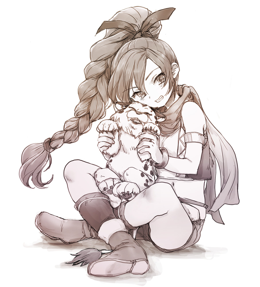 1girl animal belt boots bracelet braid braided_ponytail dragon_quest dragon_quest_xi full_body greyscale grin hair_ribbon jewelry long_hair longdenkikettle looking_at_viewer maya_(dq11) monochrome navel ribbon scarf shorts simple_background single_braid smile solo vest white_background