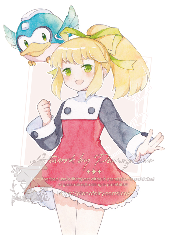 1girl beat_(mega_man) blonde_hair cowboy_shot dress high_ponytail kei-chan_(atlas_kei) long_hair mega_man_(classic) mega_man_(series) non-humanoid_robot painting_(medium) ponytail red_dress robot robot_animal robot_bird roll_(mega_man) simple_background traditional_media watercolor_(medium) watermark white_background