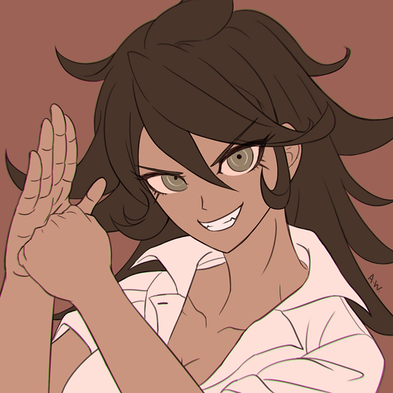 1girl breasts brown_background brown_hair collarbone danganronpa_(series) danganronpa_2:_goodbye_despair dark-skinned_female dark_skin fangs grin hair_between_eyes large_breasts long_hair owari_akane shirt short_sleeves simple_background smile solo suika_no9 teeth white_shirt