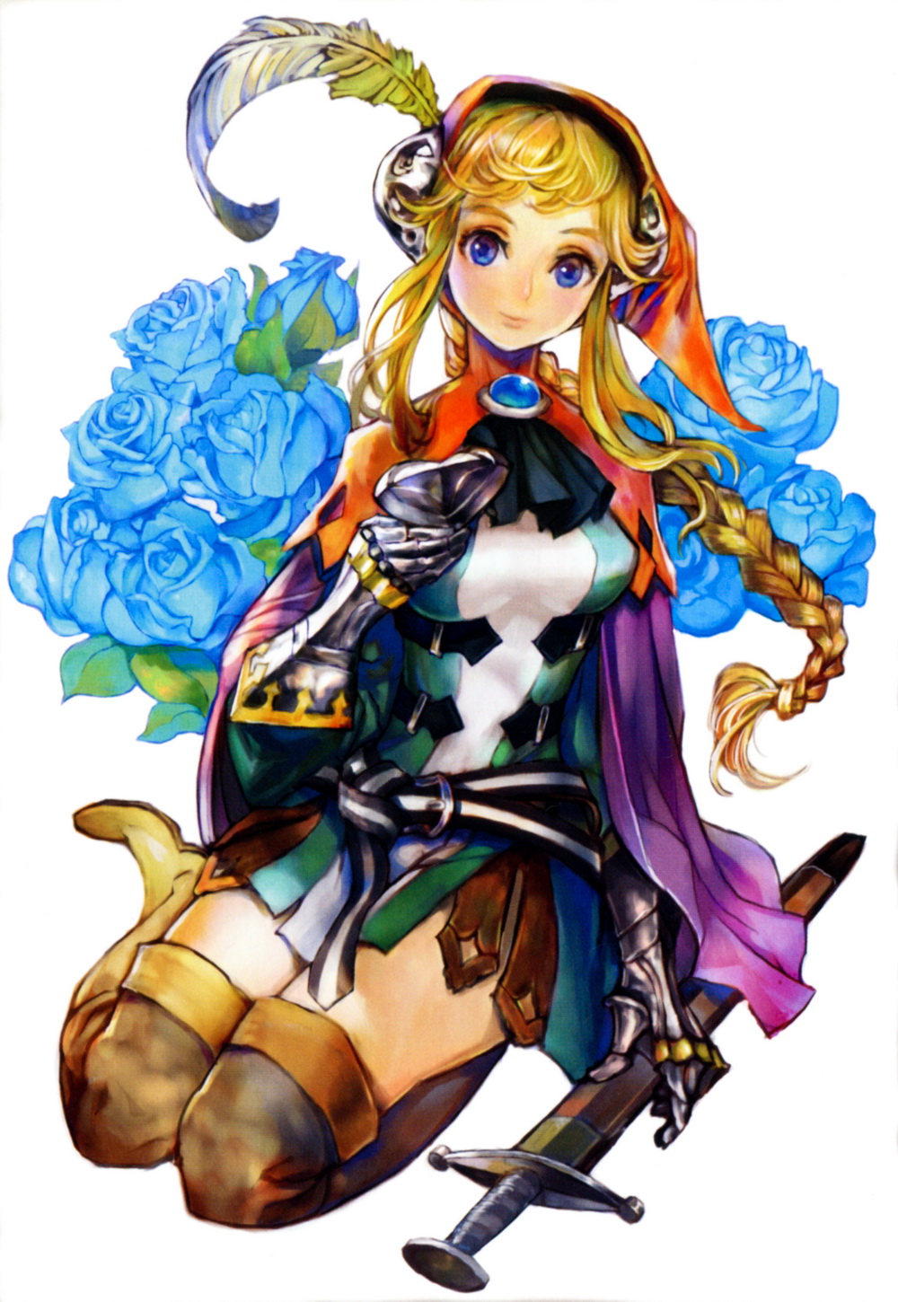 1girl artist_request blonde_hair blue_eyes blue_flower blue_rose boots braid female_focus flower gloves grand_knights_history hat highres lisha_stalake long_hair rose simple_background solo sword thigh_boots thighhighs weapon white_background