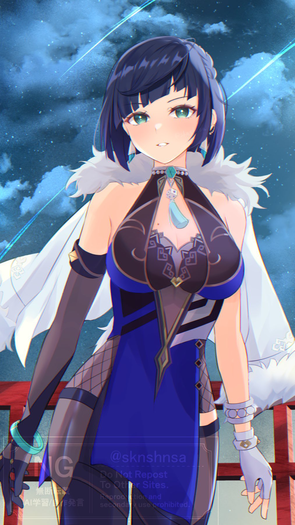 1girl aqua_eyes asymmetrical_gloves bare_shoulders black_gloves black_pants blue_dress blue_hair breasts cowboy_shot dress earrings fur_trim genshin_impact gloves highres jewelry large_breasts leggings looking_at_viewer mismatched_gloves mole mole_on_breast night night_sky outdoors pants parted_lips sakinoshin short_hair sky solo standing white_gloves yelan_(genshin_impact)