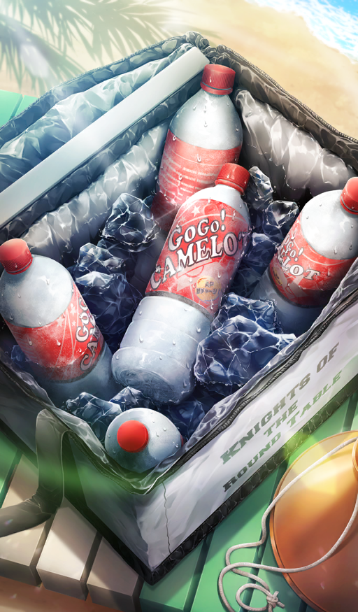 beach beach_chair chair cooler fate/grand_order fate_(series) ice lens_flare lounge_chair masaki_(star8moon) megaphone no_humans official_art palm_leaf soda_bottle still_life sunlight textless_version third-party_source