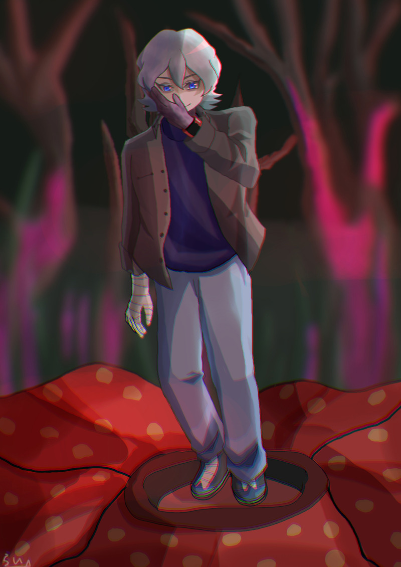 1boy bandages blue_eyes corruption digimon digimon_ghost_game flower higashimitarai_kiyoshiro looking_at_viewer rafflesia_(flower) short_hair solo white_hair