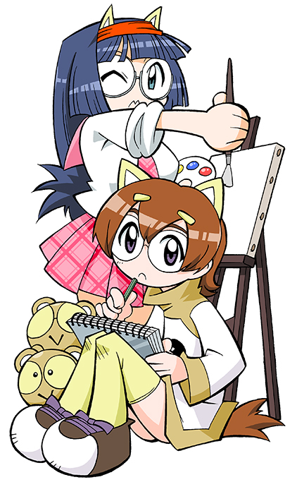 2girls :&gt; aina_(toranoana) animal animal_ear_headband animal_ears aqua_eyes black_eyes black_outline blue_hair blunt_bangs book book_stack breasts brown_collar brown_footwear brown_fur brown_tail brown_trim canvas_(object) collar collared_dress collared_shirt colored_sclera contrast_collar cross cross_necklace cub dress fake_animal_ears flipped_hair full_body glasses glasses_kauberu_kotora hair_ornament hairclip headband holding holding_animal holding_book holding_paint_palette holding_paintbrush holding_paint_palette holding_pencil holding_sketchbook jewelry kauberu_kotora kneehighs knees_together_feet_apart large_breasts latin_cross legs_together light_brown_hair long_hair looking_at_another looking_at_viewer mukku_(mook-tv) multiple_girls necklace necktie official_art one_eye_closed open_mouth outline paint paint_palette paintbrush paint_palette pencil pink_necktie pink_sailor_collar pink_skirt plaid_clothes plaid_necktie plaid_skirt pleated_skirt purple_eyes red_headband rimless_eyewear round_eyewear sailor_collar second-party_source semi-rimless_eyewear shirt shoes short_hair sidelocks simple_background sketchbook skirt small_pupils smilo_(toranoana) sneakers socks sparkle straight_hair striped_collar thighhighs tiger tiger_ears tongue tora_da_yo. toranoana turtleneck turtleneck_dress two-tone_footwear under-rim_eyewear very_long_hair white-framed_eyewear white_background white_dress white_footwear white_shirt white_sleeves white_socks yellow_sclera yellow_thighhighs