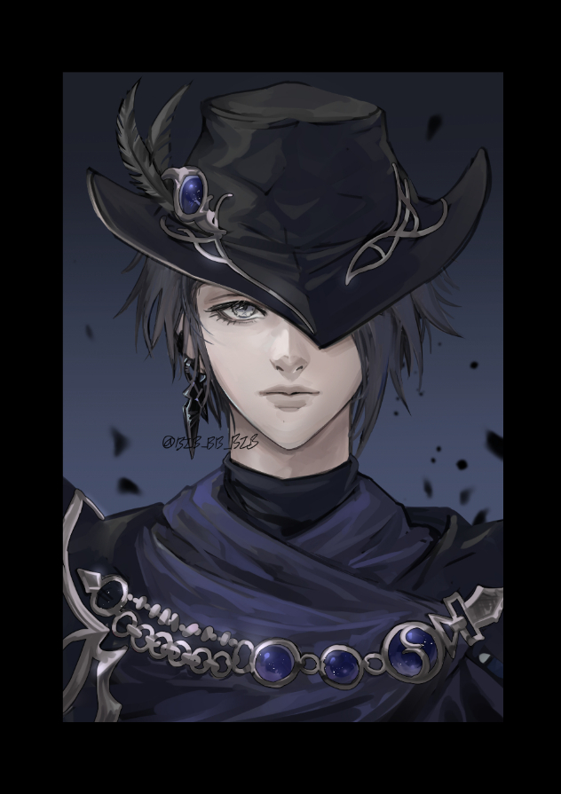 1girl androgynous bib_bb_bib black_border black_hair black_hat blue_gemstone border brooch commentary earrings final_fantasy final_fantasy_xiv gem gradient_border grey_background grey_eyes hat hat_feather hat_over_one_eye jewelry light_particles looking_at_viewer one_eye_covered portrait reaper_(final_fantasy) reverse_trap short_hair signature simple_background single_earring solo straight-on symbol-only_commentary tricorne twitter_username zero_(ff14)
