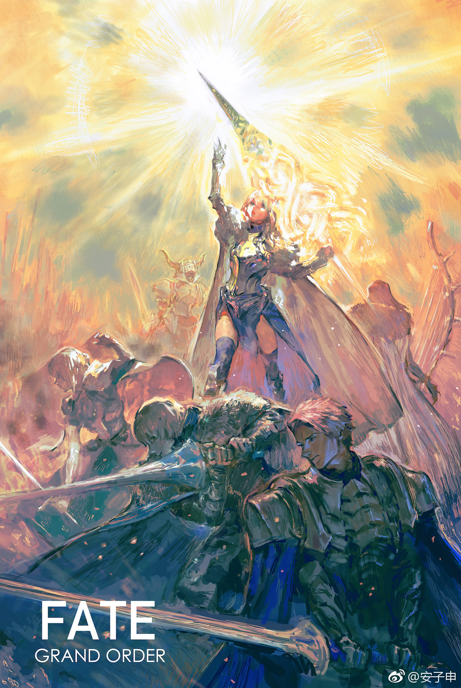 anzishen armor artoria_pendragon_(fate) bedivere_(fate) blonde_hair cape gawain_(fate) highres holding holding_weapon knights_of_the_round_table_(fate) lancelot_(fate/grand_order) multiple_boys purple_hair red_hair saber_(fate) socks tristan_(fate) weapon