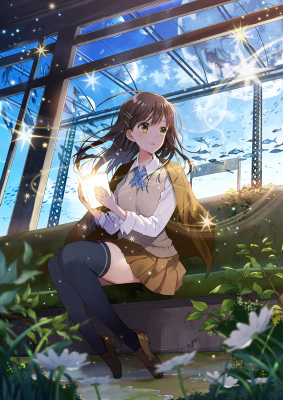 1girl black_thighhighs brown_hair brown_shoes collared_shirt female_focus fish from_below full_body glowing green_eyes long_hair original plant puddle school_uniform shirt shoes sitting sleeves_rolled_up solo thighhighs yuzuki_kihiro