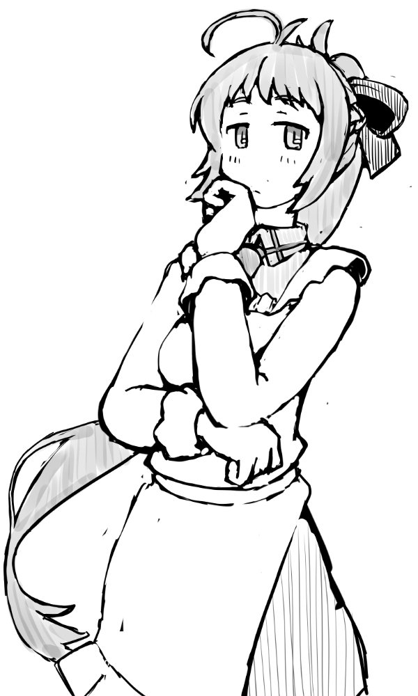 1girl ahoge apron commentary_request dress_shirt greyscale hand_on_own_chin irako_(kancolle) kantai_collection kappougi looking_at_viewer monochrome necktie ponytail shirt solo task_(s_task80)