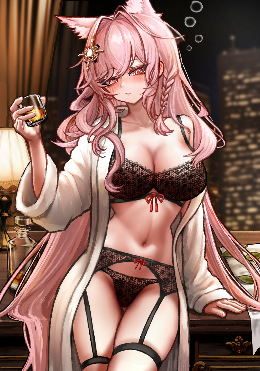 1girl alcohol animal_ears arknights black_bra black_garter_belt black_garter_straps black_panties bra breasts building cup curtains drunk dsr147g garter_belt garter_straps highres holding holding_cup indoors lamp large_breasts long_hair mixed-language_commentary navel night night_sky panties pink_eyes pink_hair pozyomka_(arknights) robe sky skyscraper solo stomach thighs underwear very_long_hair whiskey white_robe wolf_ears wolf_girl