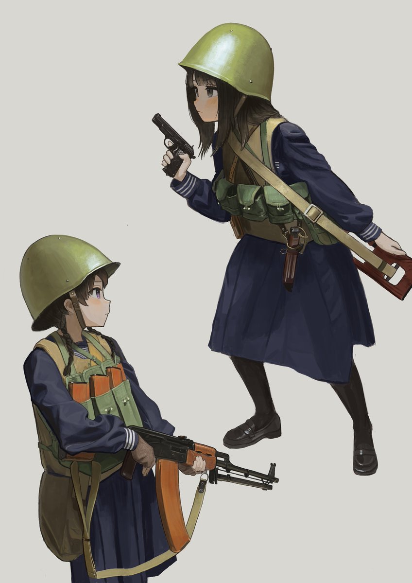2girls blue_jacket blue_serafuku blue_skirt braid brown_hair chest_rig combat_helmet dragunov_svd garoppui green_hat grey_background gun handgun hat helmet jacket light_machine_gun machine_gun multiple_girls original rifle rpk-74 school_uniform serafuku shirt single_braid skirt sniper_rifle striped_clothes striped_shirt telnyashka tokarev_tt-33 weapon