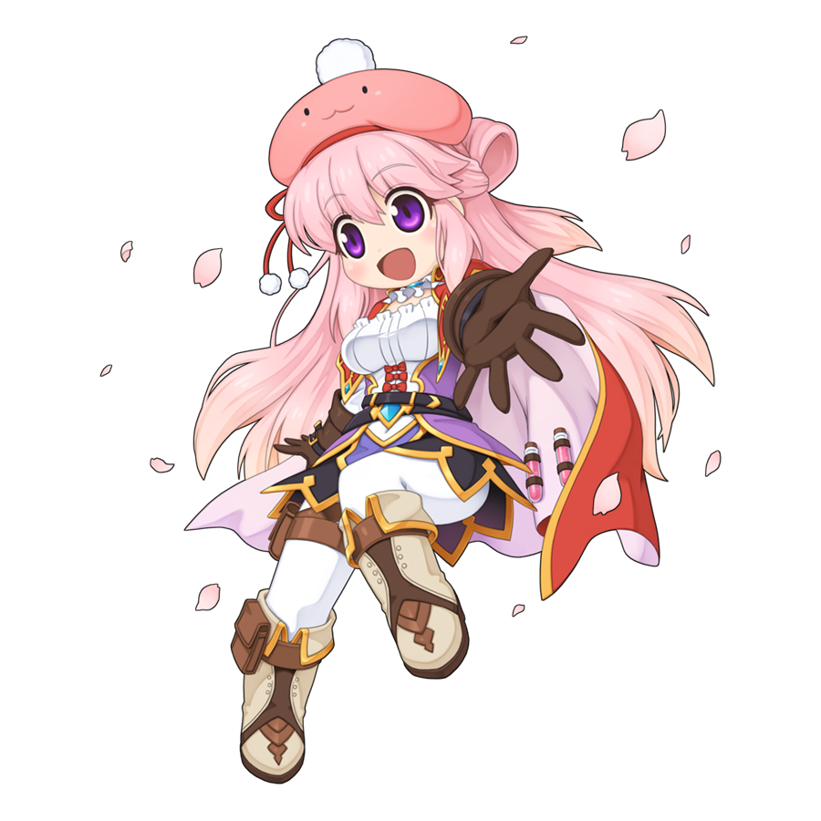 1girl :d ascot belt beret biolo_(ragnarok_online) black_belt black_skirt blue_brooch breasts brown_footwear brown_gloves cape cape_holster chibi chibi_only corset falling_petals fold-over_boots full_body gloves gold_trim half_updo hat looking_at_viewer miniskirt official_art open_mouth pants petals pink_cape pink_hat poring pouch purple_corset purple_eyes ragnarok_online reaching reaching_towards_viewer red_cape shirt simple_background skirt small_breasts smile solo thigh_pouch transparent_background two-sided_cape two-sided_fabric vial white_ascot white_pants white_shirt yuichirou