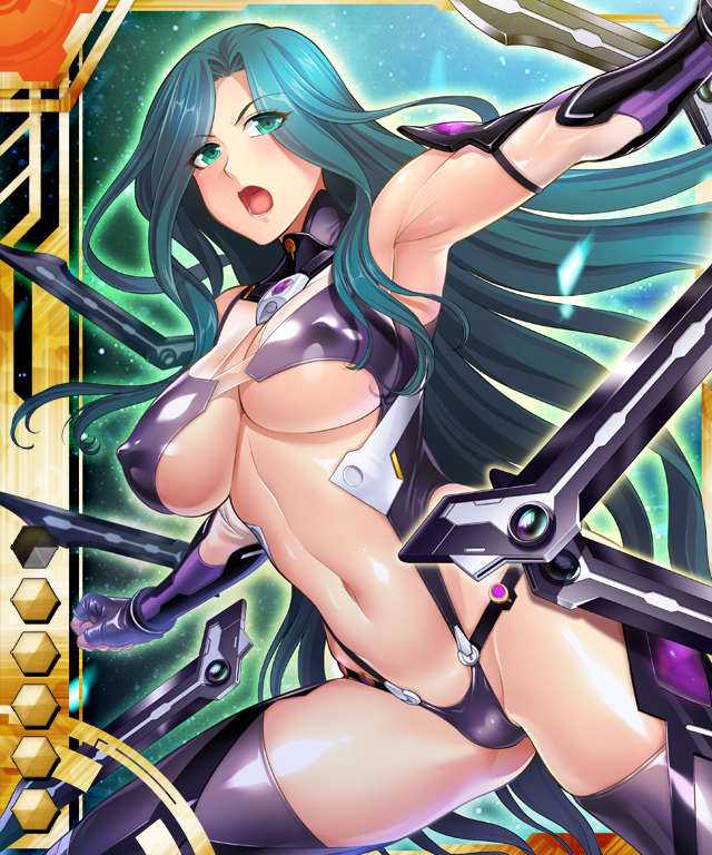 1girl aqua_hair armor bikini_armor blush bodysuit boots breasts card_(medium) card_(orange-ur) card_(ur) covered_erect_nipples curvy female_focus green_eyes large_breasts lilith-soft long_hair looking_at_viewer makishima_ayame open_mouth partially_visible_vulva shiny_skin solo taimanin_(series) taimanin_asagi_battle_arena_all_card_gallery taimanin_asagi_kessen_arena taimanin_kurenai weapon zol