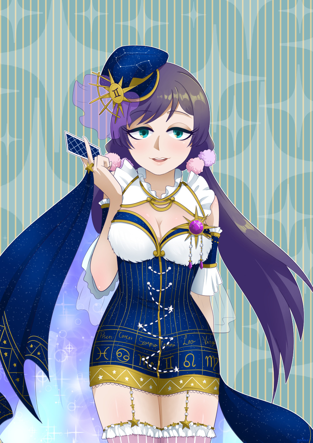 1girl aqua_eyes blue_cape blue_dress blue_hat breasts cape card cleavage dress gallaxi hat highres holding holding_card jewelry large_breasts light_blush long_hair looking_at_viewer love_live! open_mouth pink_thighhighs playing_card print_dress purple_hair ring solo striped_background striped_clothes striped_thighhighs teeth thighhighs thighs tojo_nozomi upper_teeth_only